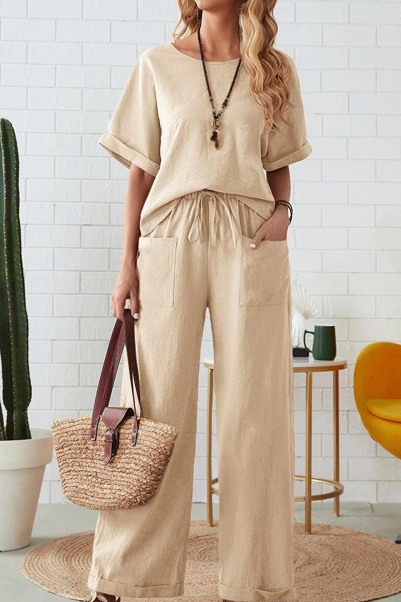 Women’s rolled cuff top and patch pocket pants set in beige relaxed fit cotton blend fabric