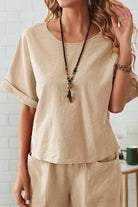 Beige rolled cuff top and patch pocket pants set for women, relaxed fit casual outfit in soft cotton blend fabric