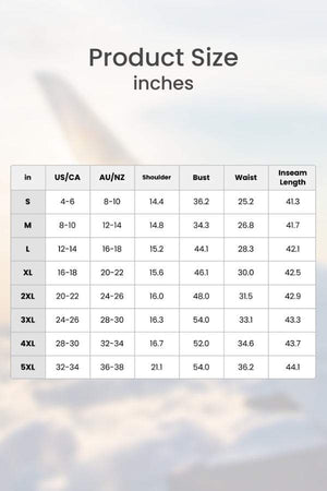 Size chart for Short-sleeved Pullover & Wide Trouser Matching Set with measurements in inches for US/CA and AU/NZ sizes