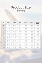Size chart for short-sleeved v-neck top and wide trouser suit in inches, showing bust, waist, hips, and bottom length measurements for sizes S to 5XL.