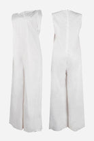 White sleeveless wide-leg jumpsuit with body-balance cut and sleek silhouette front and back view