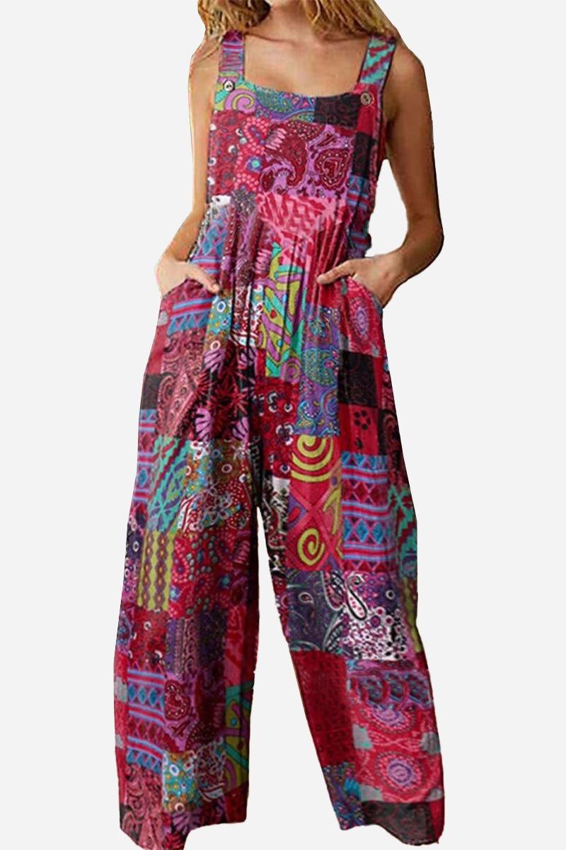 Bohemian Fantasy Overalls in vibrant patchwork print with square neckline and wide legs for a loose, comfortable fit