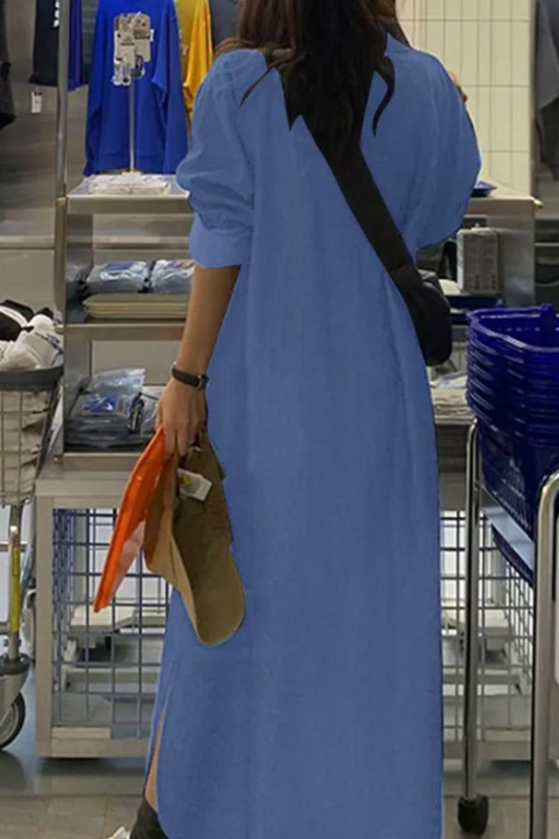 Blue Bohemian maxi dress with long sleeves and crossbody bag, casual and comfortable style