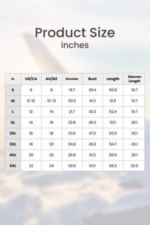 Bohemian maxi dress size chart with shoulder, bust, length, and sleeve measurements in inches for US, CA, AU, and NZ sizes.