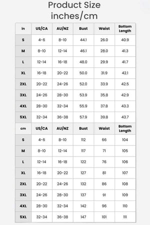 size chart for asymmetrical two-piece trouser set with bust, waist, and bottom length measurements in inches and centimeters