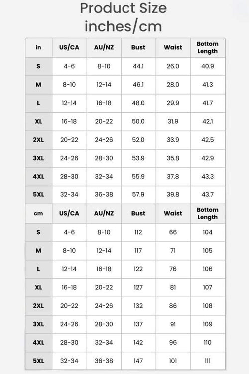 size chart for asymmetrical two-piece trouser set with bust, waist, and bottom length measurements in inches and centimeters