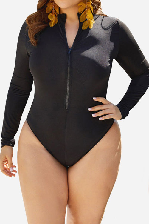 Plus size black zip front long sleeve one-piece swimsuit with high-leg cut and elevated collar