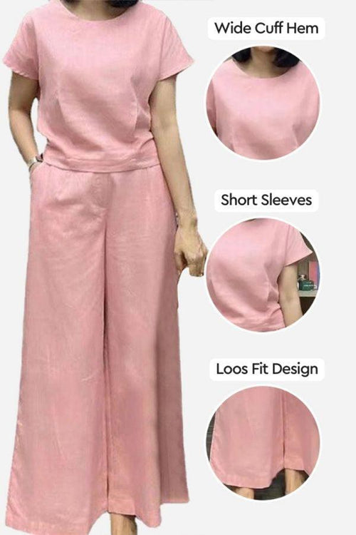 Pink short-sleeved bell pants two-piece set with wide cuff hem and loose fit design