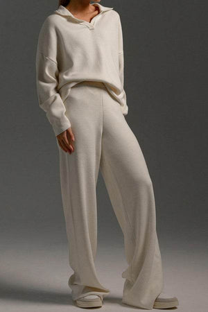 plush and preppy camel two-piece set with knit pullover and wide-leg pants in soft camel fabric