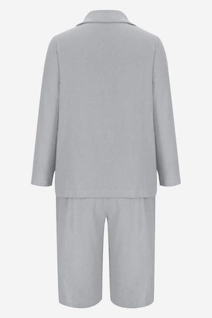 Gray blazer and high-waisted shorts two-piece set back view