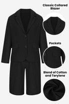 Black blazer and high-waisted shorts two-piece set made from cotton and terylene blend with classic collar and pockets