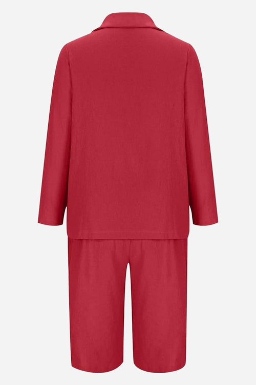 Red blazer and high-waisted shorts two-piece set back view for women