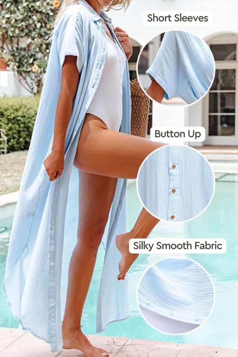 Full-length button-down beach cover-up with short sleeves and silky smooth fabric in light blue.