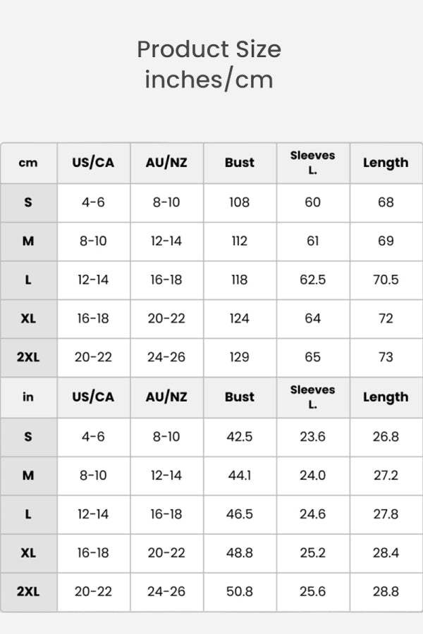 size chart for outdoor hooded raincoat in centimeters and inches with bust, sleeve length, and total length measurements for sizes S to 2XL