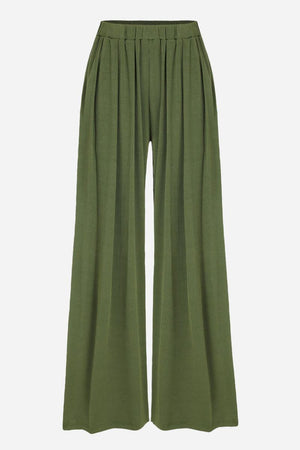 Olive green stretchy wide-leg pants with elastic waistband and relaxed fit for all-day comfort