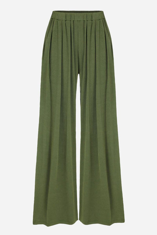 Olive green stretchy wide-leg pants with elastic waistband and relaxed fit for all-day comfort