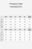 Size chart for sleeveless wide leg pants jumpsuit showing bust, waist, hips, and bottom length in inches and centimeters for sizes S to XL.