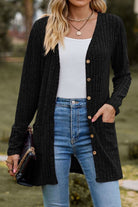 Lightweight ultra soft long knit cardigan with buttons and pockets in black