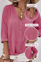 Pink breezy button front tunic with classic buttons, V-neckline, and rolled sleeves in bohemian crinkled fabric