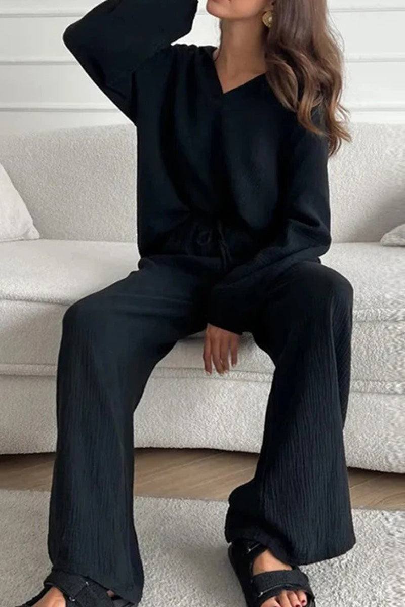 Black cotton collared two-piece set with bishop sleeves and wide-leg pants for comfortable casual wear