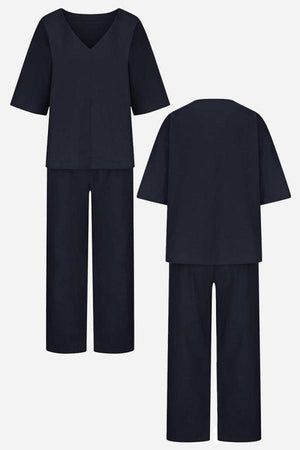 Navy V-neck cotton two-piece trouser set with mid-length sleeves and straight-leg pants