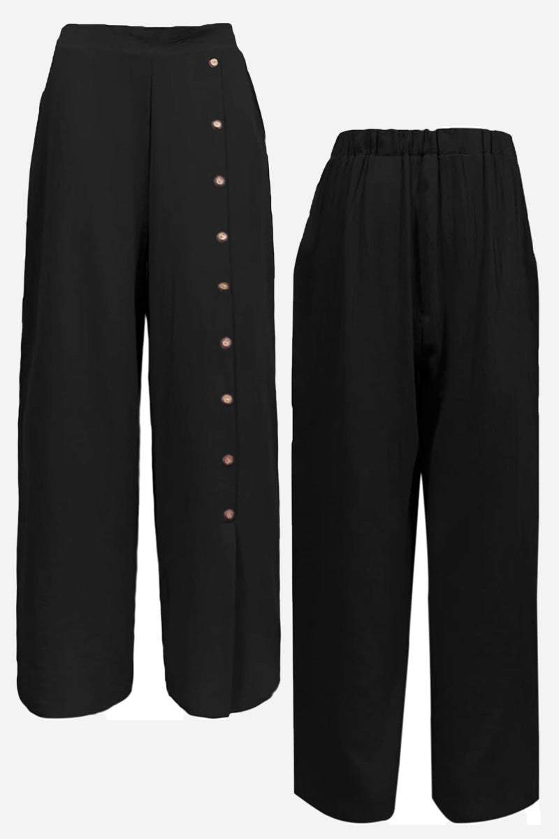 Black wide leg pants with side buttons and elastic narrow waist, breathable cotton blend, maritime-inspired design.