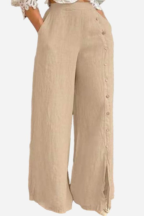 beige wide leg pants with side buttons and split seam design for a sophisticated look
