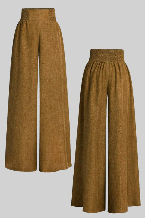 Brown high waist wide leg pants with elastic waistband and lightweight fabric.