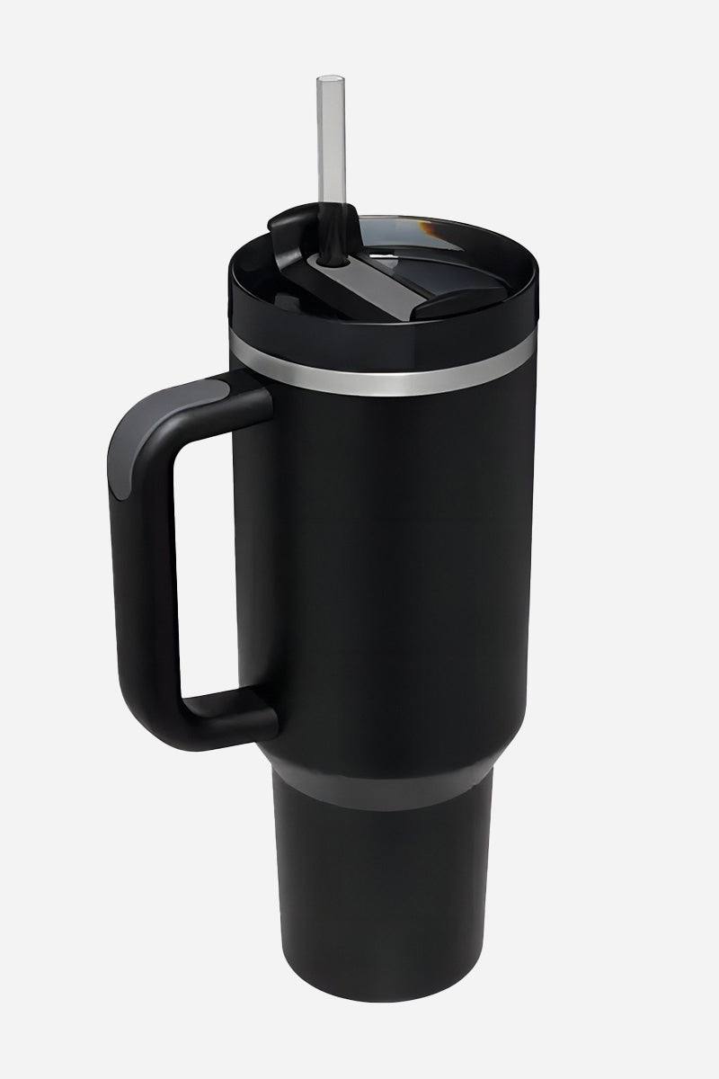 Black indestructible travel cup with handle, spill-proof lid, and detachable straw, made of stainless steel.