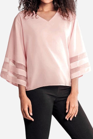 Pink mesh panel sleeve loose fit top with V neckline and 3/4 bell sleeves