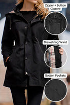 Woman wearing elegant plaid raincoat windbreaker with zipper and button closure, drawstring waist, and button pockets, featuring water-resistant fabric and checkered lining.