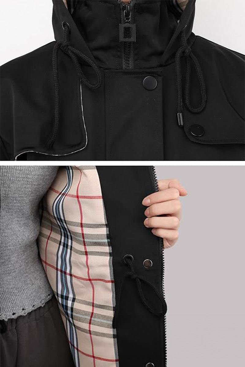 Elegant Plaid Raincoat Windbreaker with black exterior and plaid interior lining, featuring draw-string waist and water-resistant fabric.