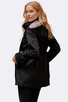 Elegant Plaid Raincoat Windbreaker black lightweight water-resistant jacket with plaid hood lining and feminine draw-string waist worn by woman