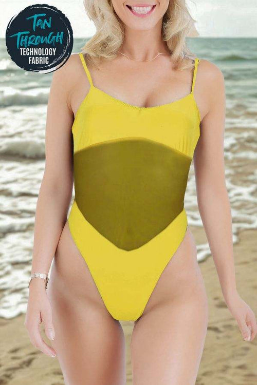 Yellow mesh tan-through one piece swimsuit with lace-up back for even tanning and no tan lines