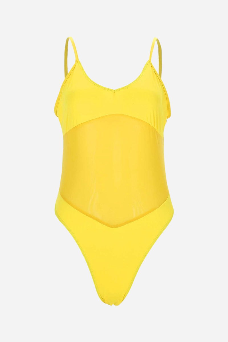 Yellow mesh tan-through one-piece swimsuit with adjustable straps and breathable fabric for even tanning and comfort