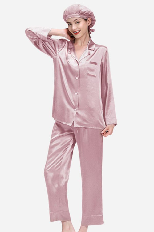 Classic Mulberry Silk Pajama Set with Sleep Cap