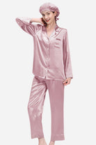 Pink classic Mulberry Silk Pajama Set with long sleeves, wide-leg pants, and matching sleep cap for elegant sleepwear.