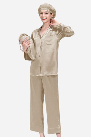 Classic Mulberry Silk Pajama Set with Sleep Cap