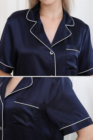 Mulberry Silk Couples Pajamas navy blue silk set with white piping, soft breathable luxury sleepwear for couples
