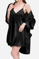 Black Mulberry Silk Nighty and Robe Set with relaxed fit and soft, breathable fabric for comfort