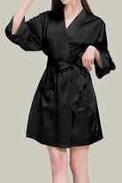 Black Mulberry silk nighty and robe set with relaxed, oversized fit and waist tie belt