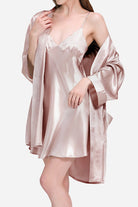 woman wearing blush pink mulberry silk nighty and robe set soft smooth breathable fabric