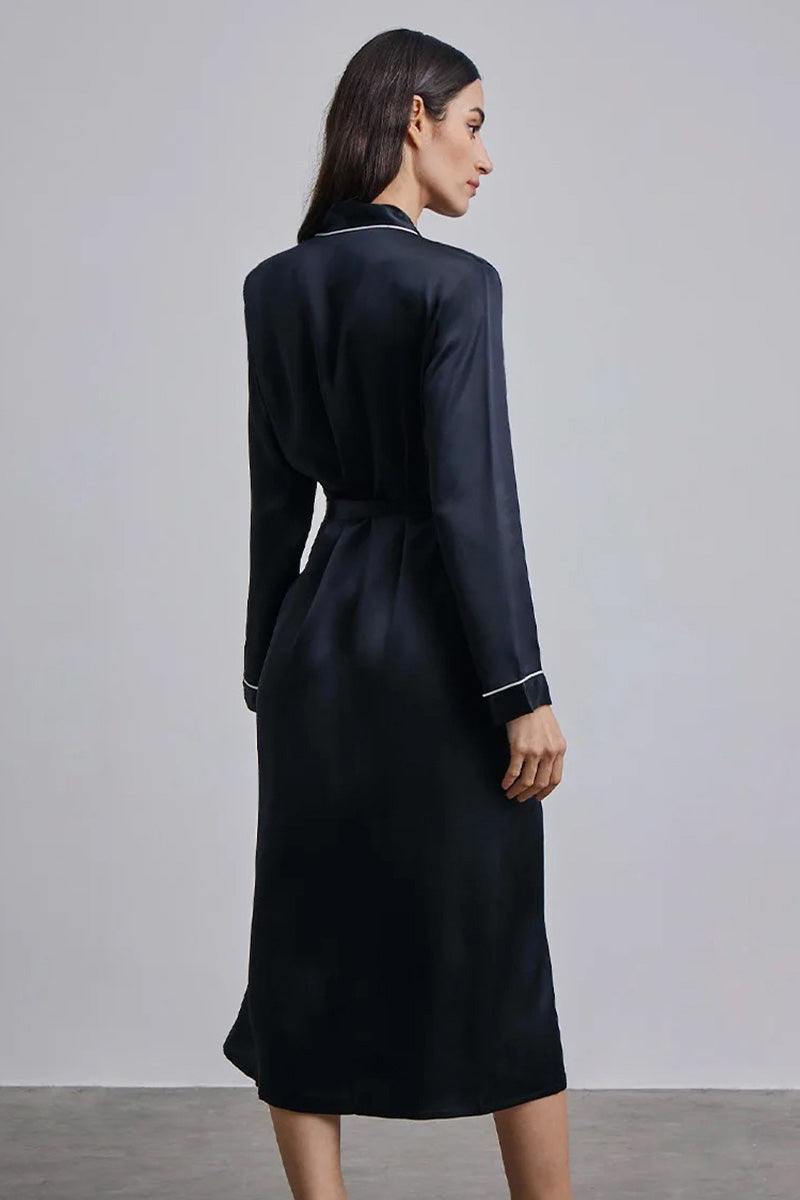 Woman wearing black Mulberry Silk Nightgown with sash belt back view