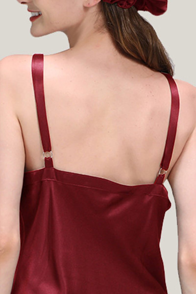 Back view of mulberry silk elegant night dress in deep red with adjustable straps on woman