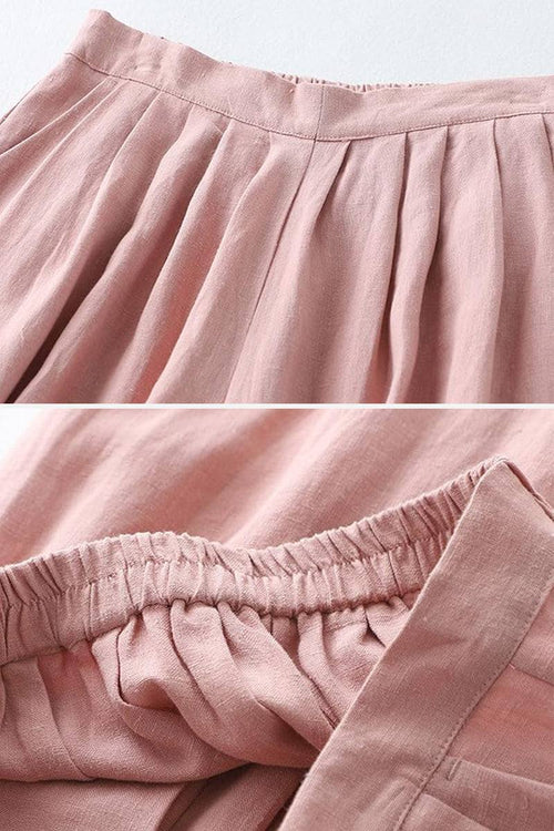Close-up of pink Ramie Linen Cotton Pants showing waistband and pleated fabric details