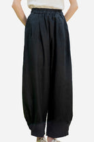 Black Ramie Linen Cotton Pants with relaxed fit and elastic waistband for women