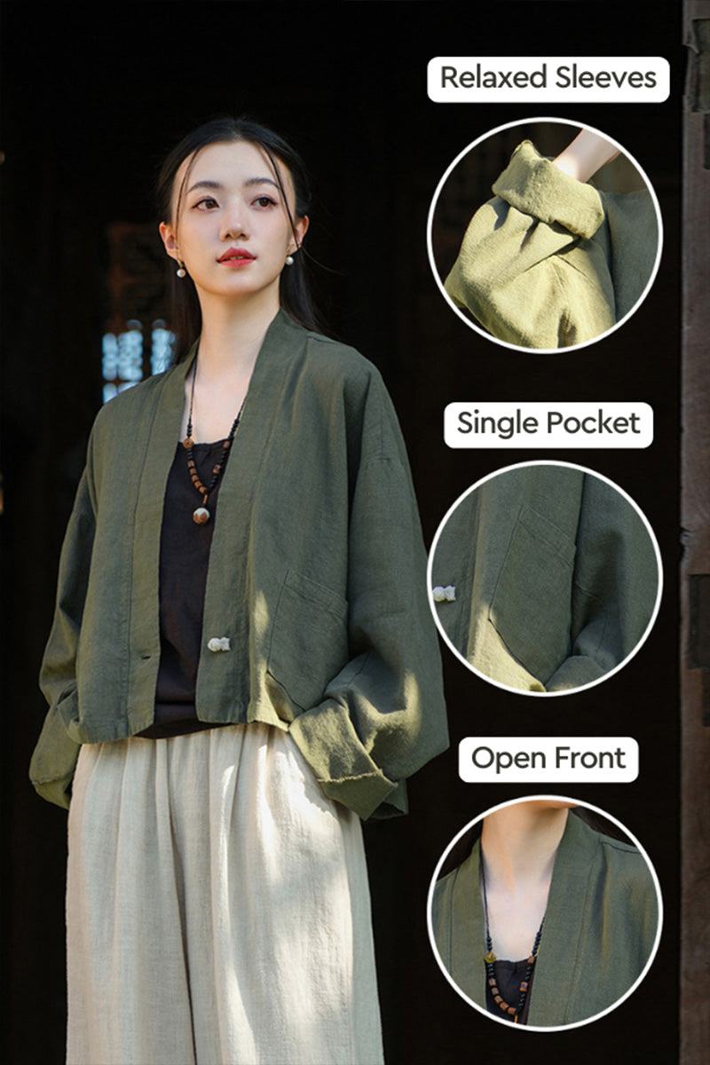 One size ramie linen and cotton cardigan with relaxed sleeves, single pocket, and open front in olive green.