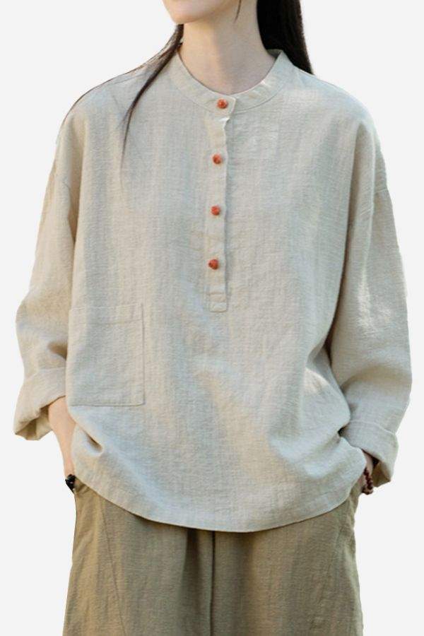 One size ramie linen and cotton blouse with long sleeves and front buttons, breathable natural fabric in beige tone