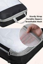 Space-saving compression packing organizers with sturdy strap, durable zippers, and breathable mesh in black and white color.