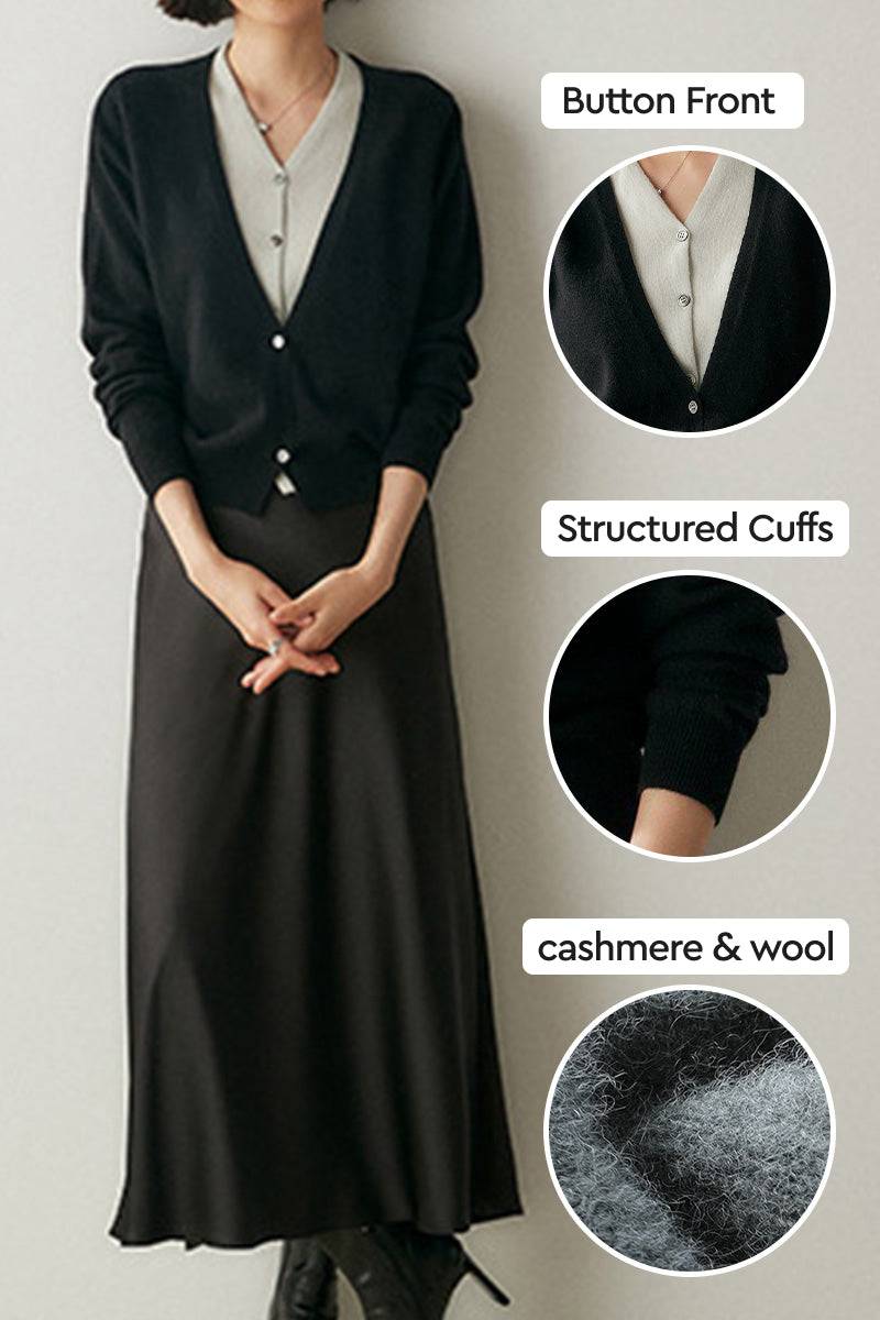 Woman wearing black single-breasted cashmere wool cardigan with button front and structured cuffs